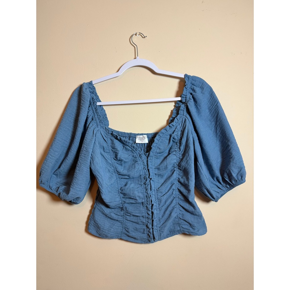 Blue Ruched Milkmaid Top Puff Sleeve Cottagecore Peasant Blouse Large Sienna Sky